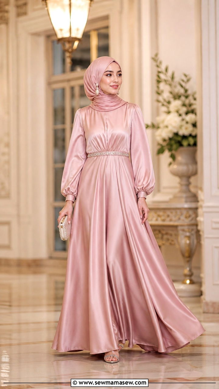 Soft Pink Satin Gown With Crystal Belt - 40 Eid outfit ideas for women