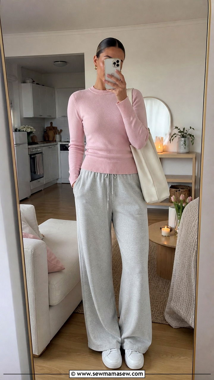 Soft Pink Sweater with Grey Wide Leg Sweatpants - 40 clean girl outfits