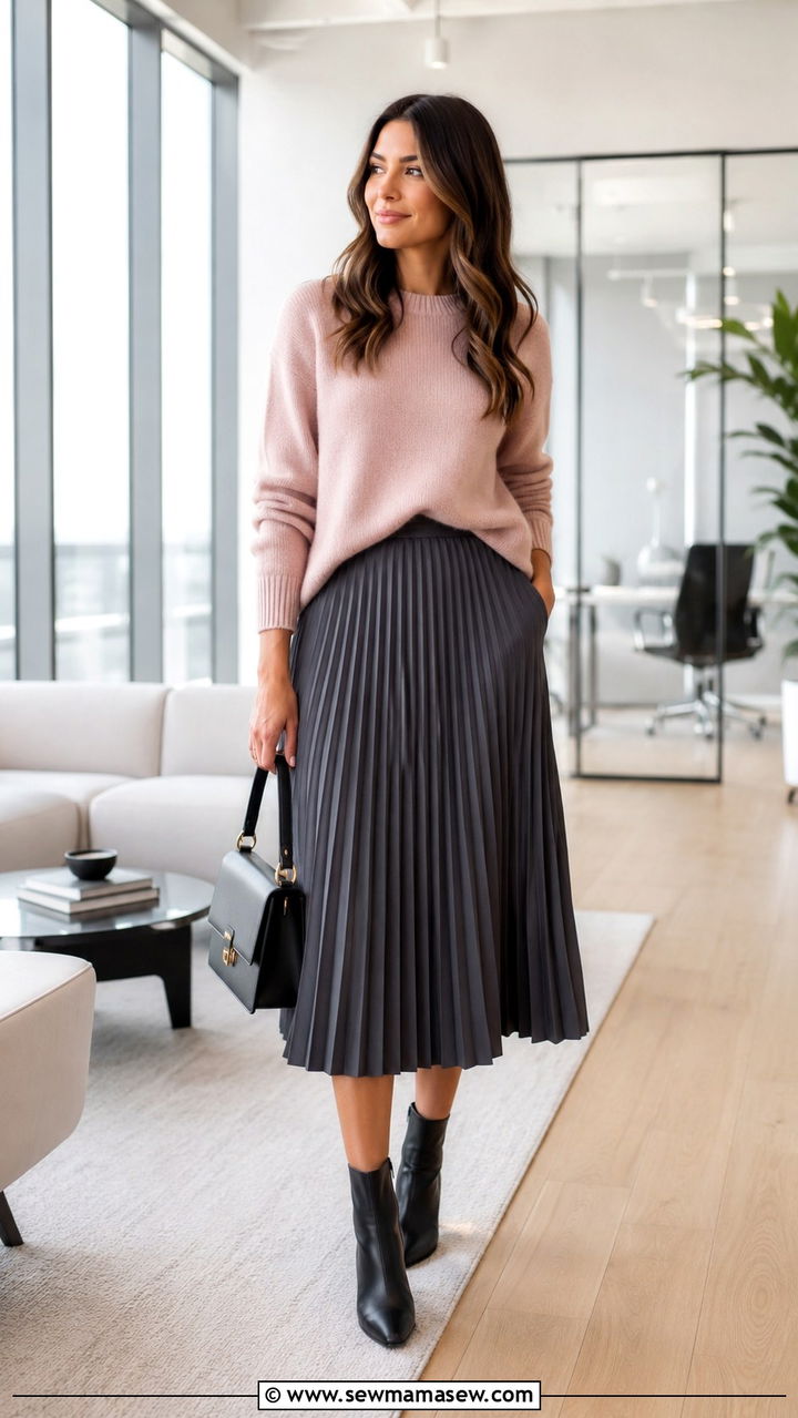 Soft Pink Sweater with Pleated Skirt - 30 Pink outfit ideas for work