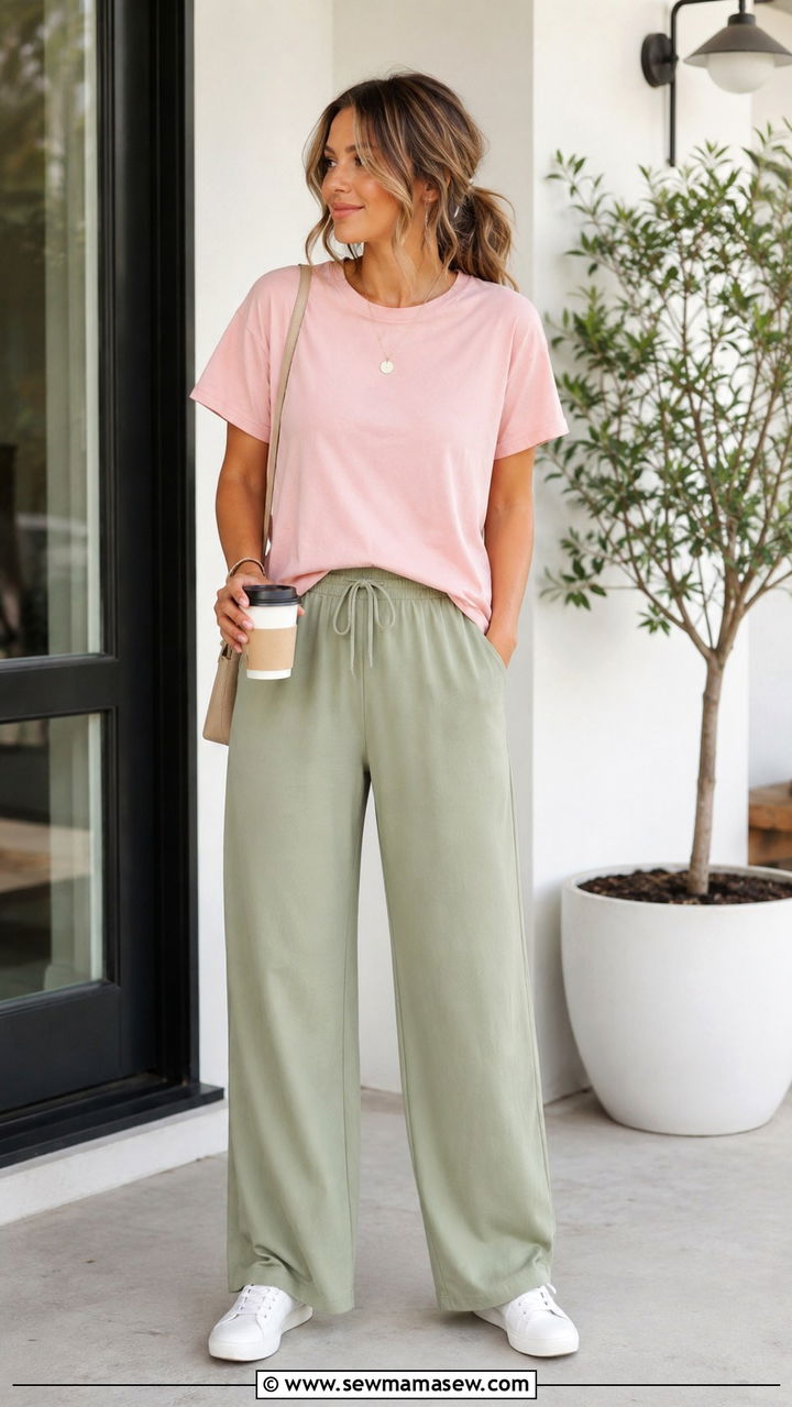 Soft Pink Tee with Relaxed Sage Trousers - 20 Relaxed spring outfit ideas 2026