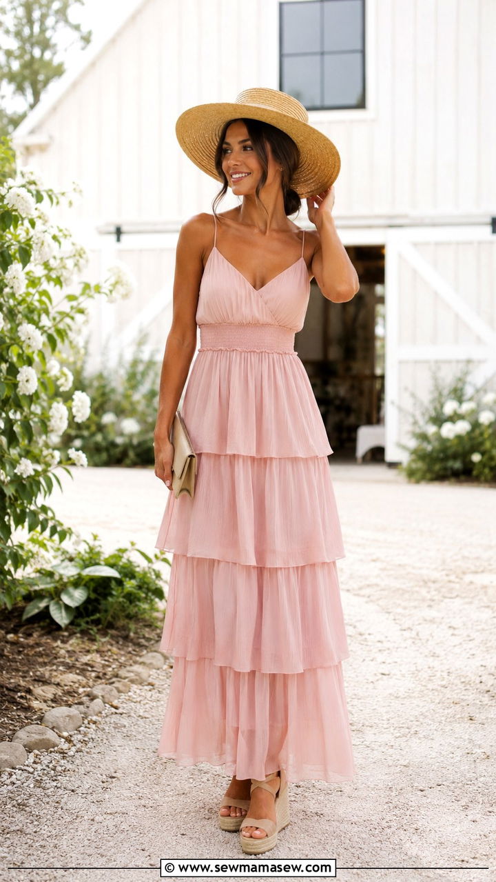 Soft Pink Tiered Maxi Dress Wedding Guest - 25 Pink dress outfit ideas for wedding guest