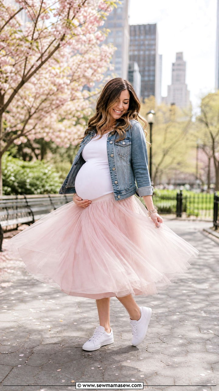 Soft Pink Tulle Skirt With Fitted White Tee And Denim Jacket - 30 Spring maternity photo outfits