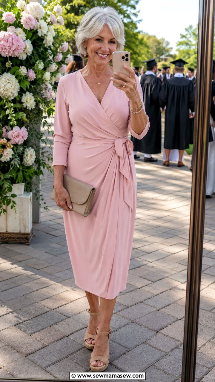 Soft Pink Wrap Dress - 30 Graduation outfits for women over 60