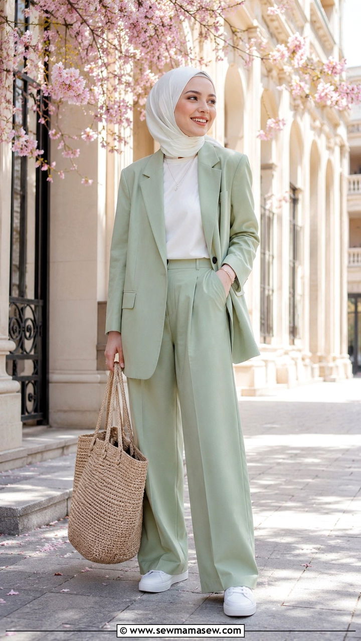 Soft Pistachio Suit with Cropped White Top - 30 Modest outfit ideas 2026