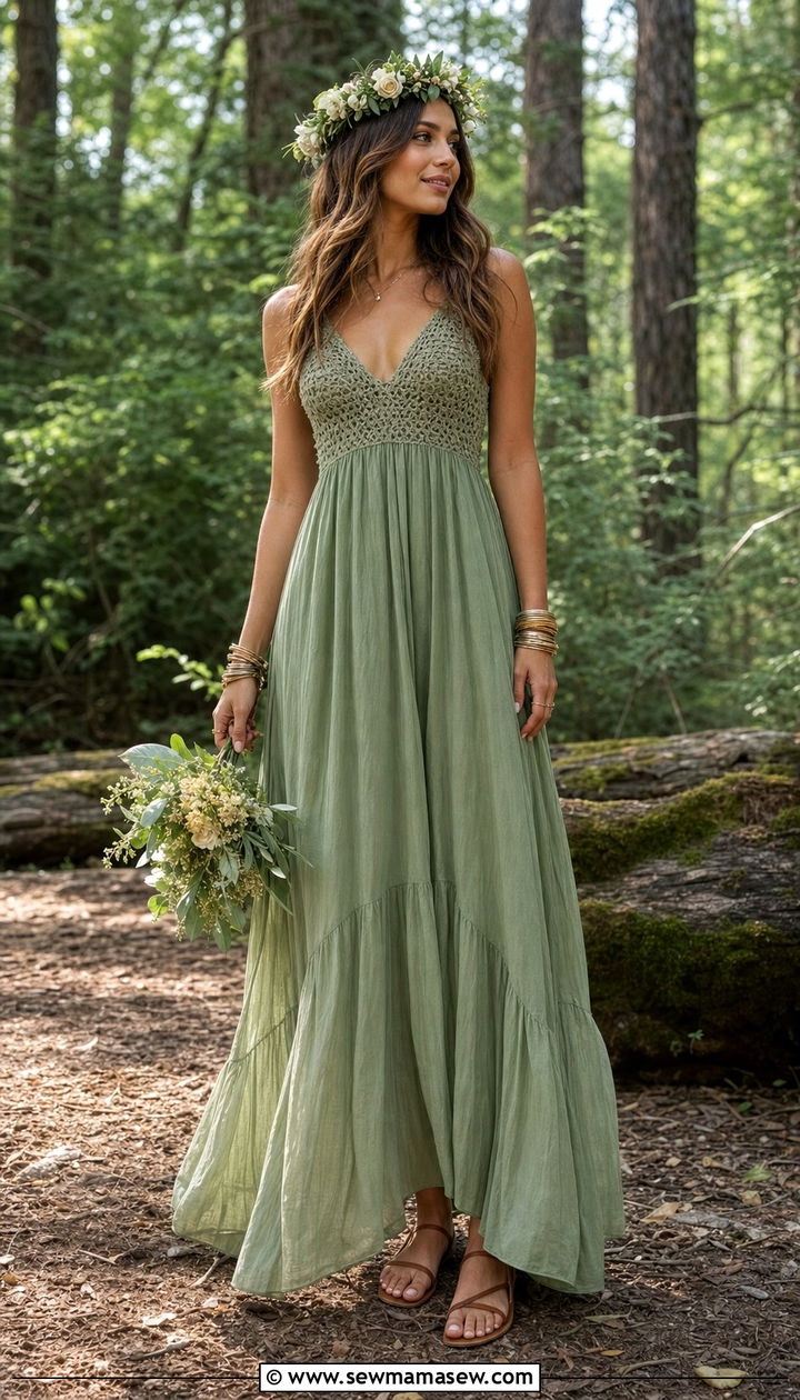 Soft Sage Green Maxi Dress With Crochet Bodice - 35 Boho outfit ideas for wedding guest