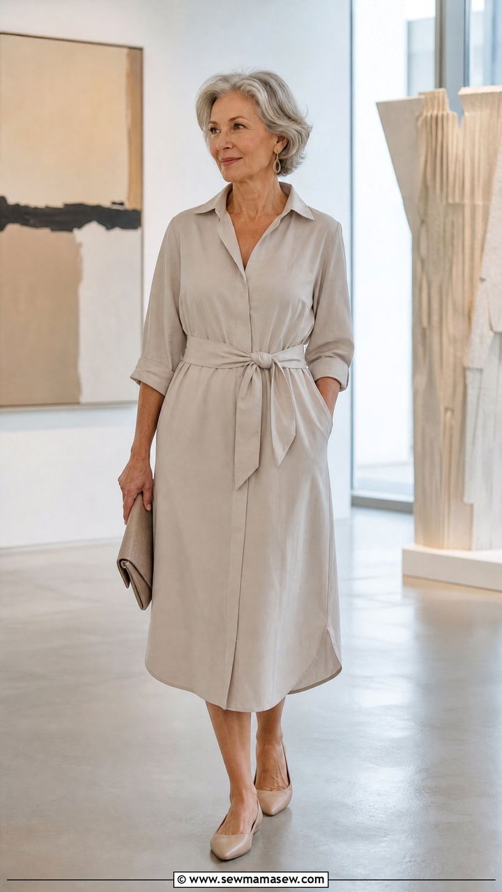 Soft Shirt Dress with Tie Waist and Nude Flats - 30 Concert outfits for women over 60