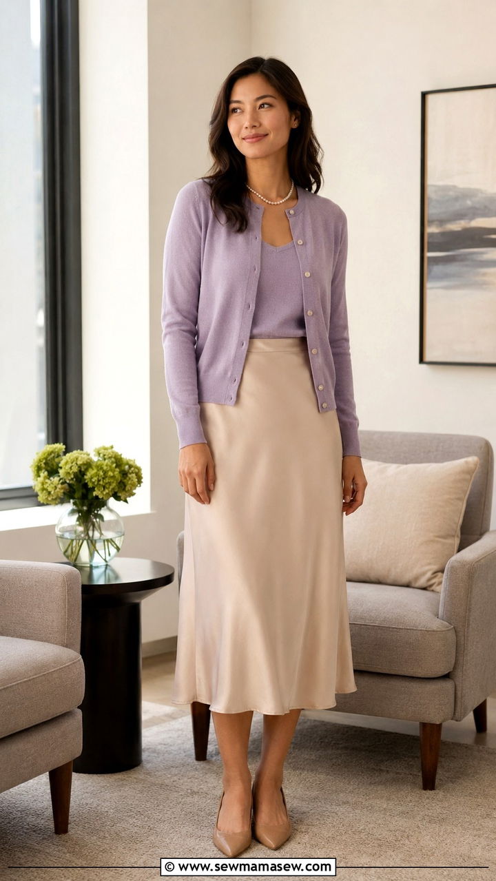 Soft Sweater Set With Satin Midi Skirt and Pointed Flats - 30 transitional business casual outfits