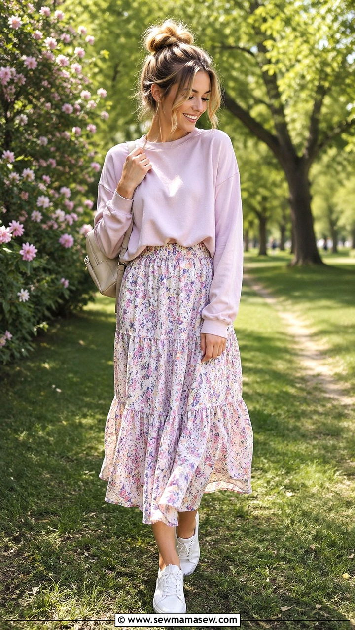 Soft Sweatshirt and Flowy Skirt Outfit - 40 Cozy summer outfits