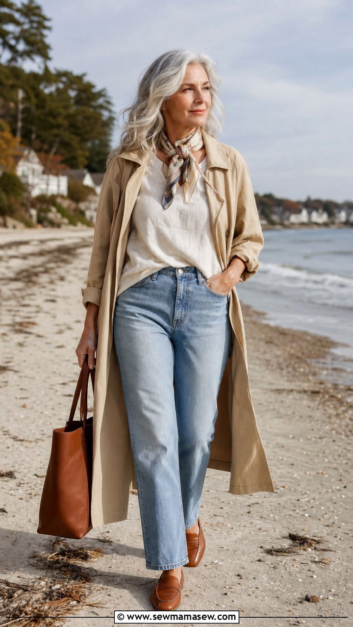 Soft Trench Duster Over Linen Tee With Straight Leg Jeans - 25 coastal grandmother capsule wardrobe outfits