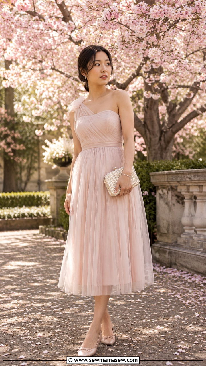 Soft Tulle Midi Dress with Satin Flats - 30 cute spring wedding guest outfits