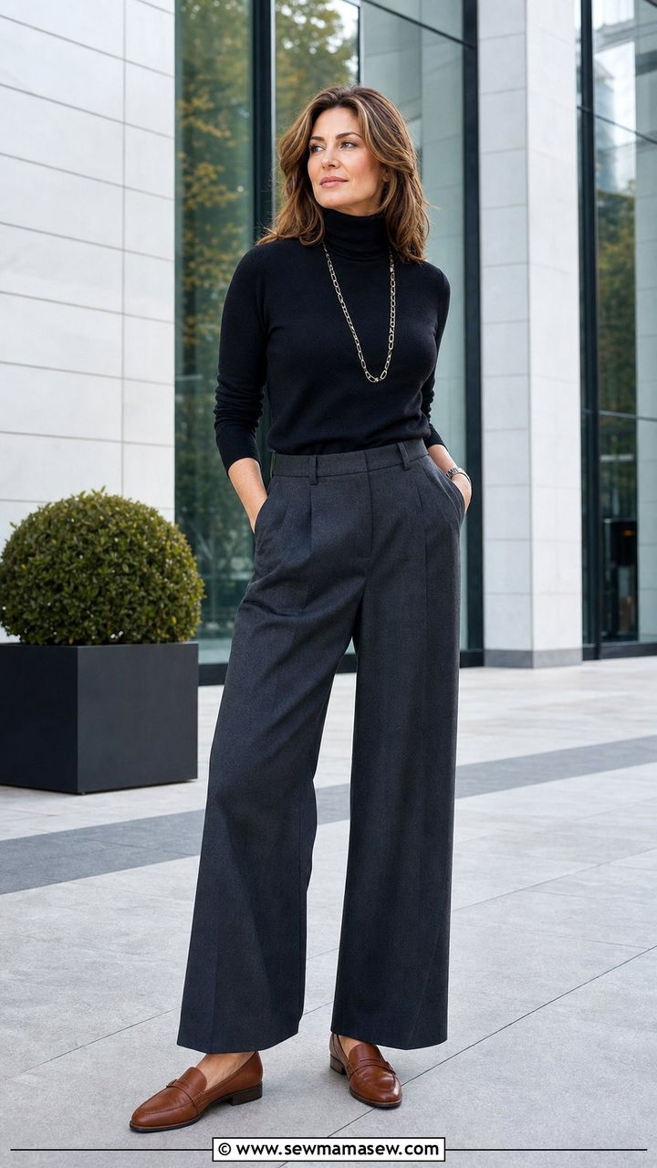 Soft Turtleneck with Wide Leg Trousers and Loafers - 25 comfortable outfit ideas for women over 40