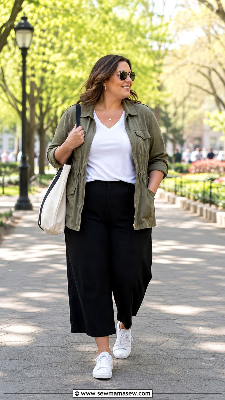 Soft Utility Jacket Over A V Neck Tee With Culotte Pants And Sneakers - 25 Outfit ideas for curvy upper body