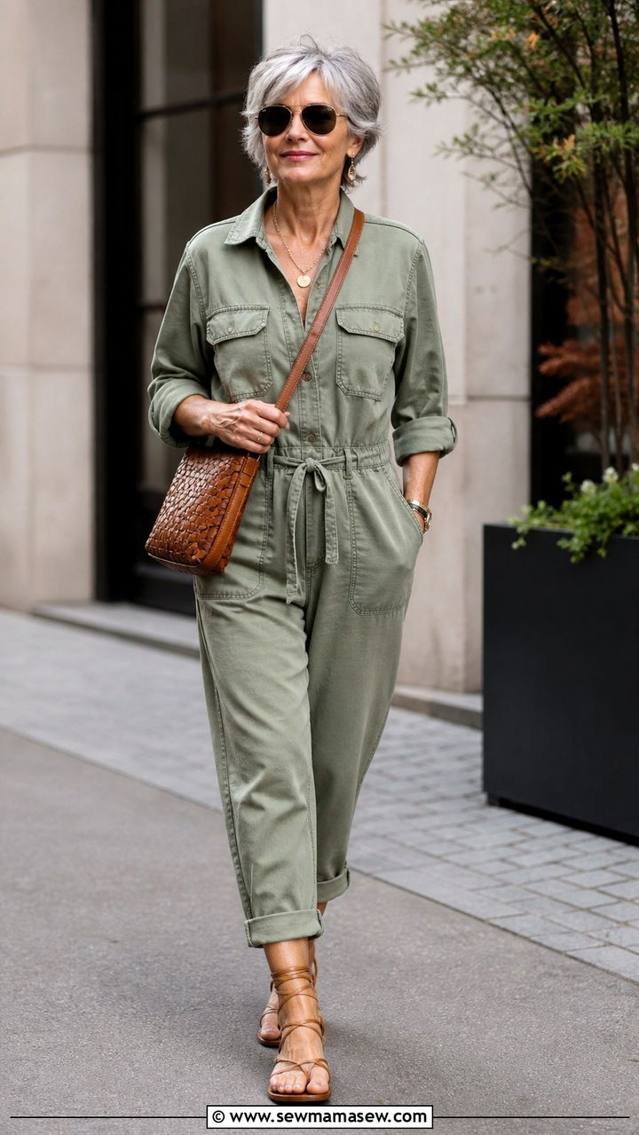 Soft Utility Jumpsuit with Ankle Wrap Sandals Summer Outfit - 40 Summer outfit ideas for women over 60 2026