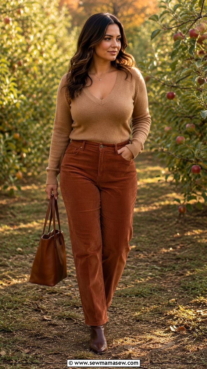 Soft V Neck Sweater and Corduroy Pants Big Bust Outfit - 30 Outfit ideas for big bust