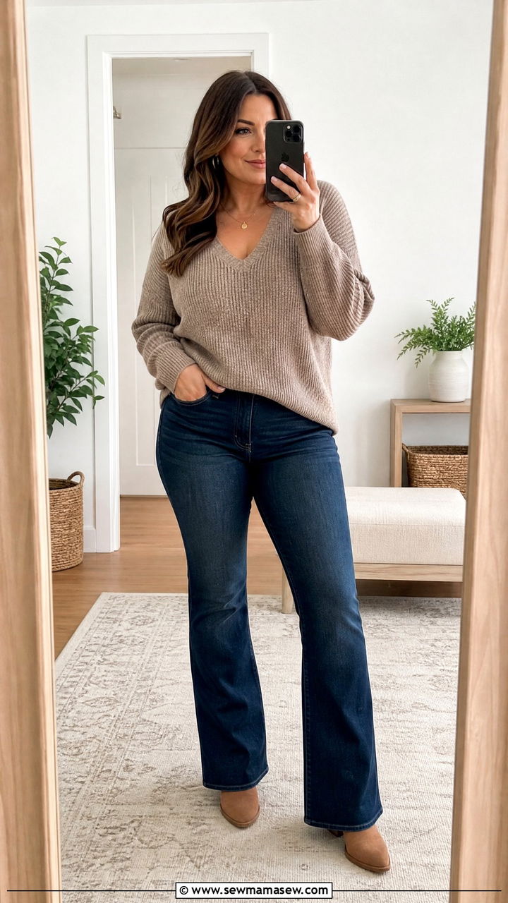 Soft V neck sweater with bootcut jeans - 25 casual outfits for apple shaped body