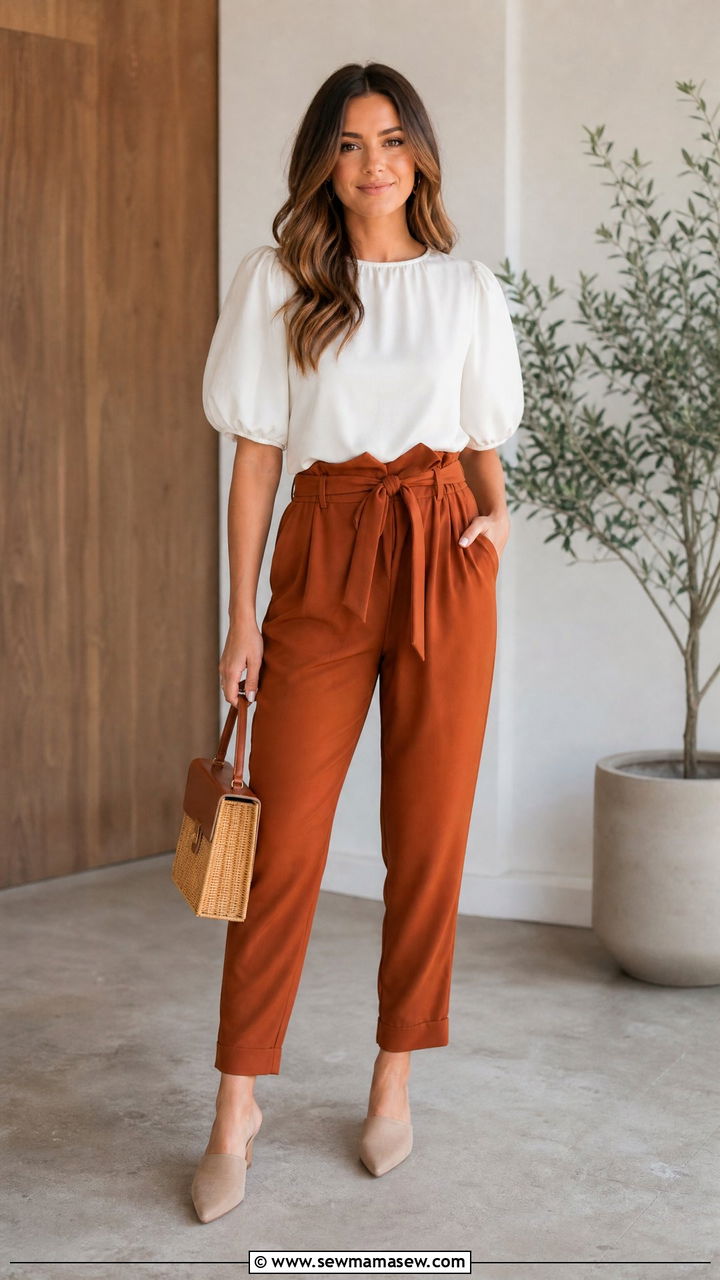 Soft White Blouse With Rust Paperbag Pants - 30 Confident spring outfit ideas
