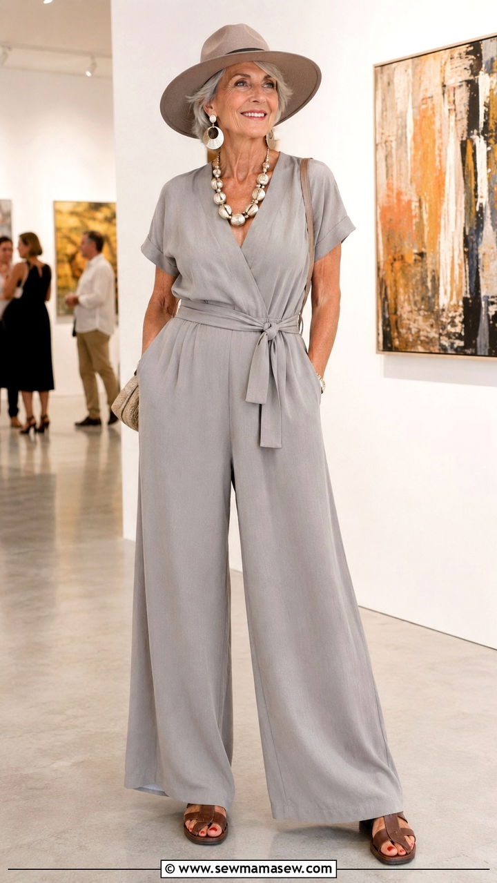 Soft Wide Leg Jumpsuit with Statement Necklace Outfit - 30 Chic outfit ideas for women over 60