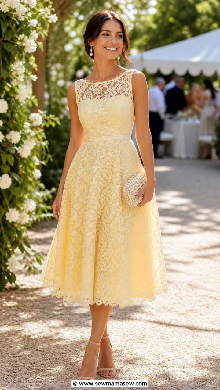 Soft Yellow Lace Fit And Flare Dress - 40 Elegant wedding guest outfits