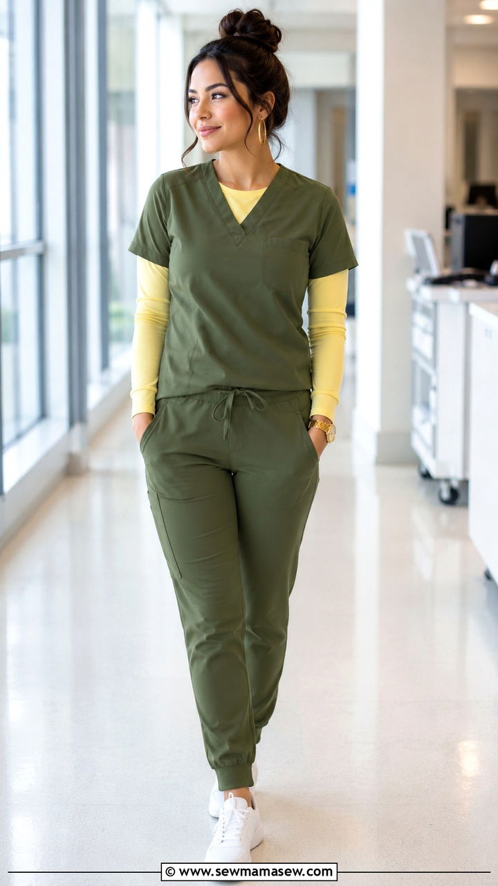 Soft Yellow Underscrub with Olive Scrub Pants - 30 Spring outfit ideas for nurse