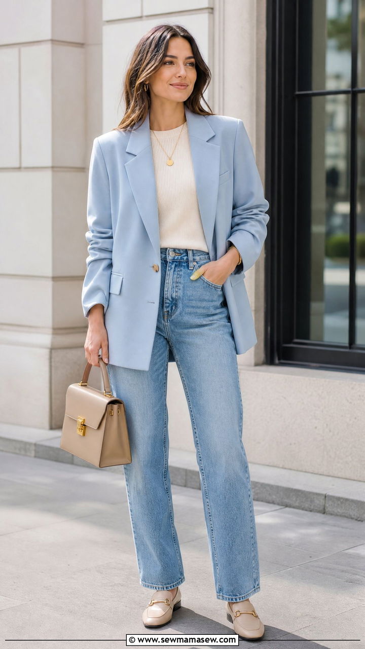 Soft blazer over knit top and relaxed jeans outfit - 30 Cozy spring outfit ideas 2026