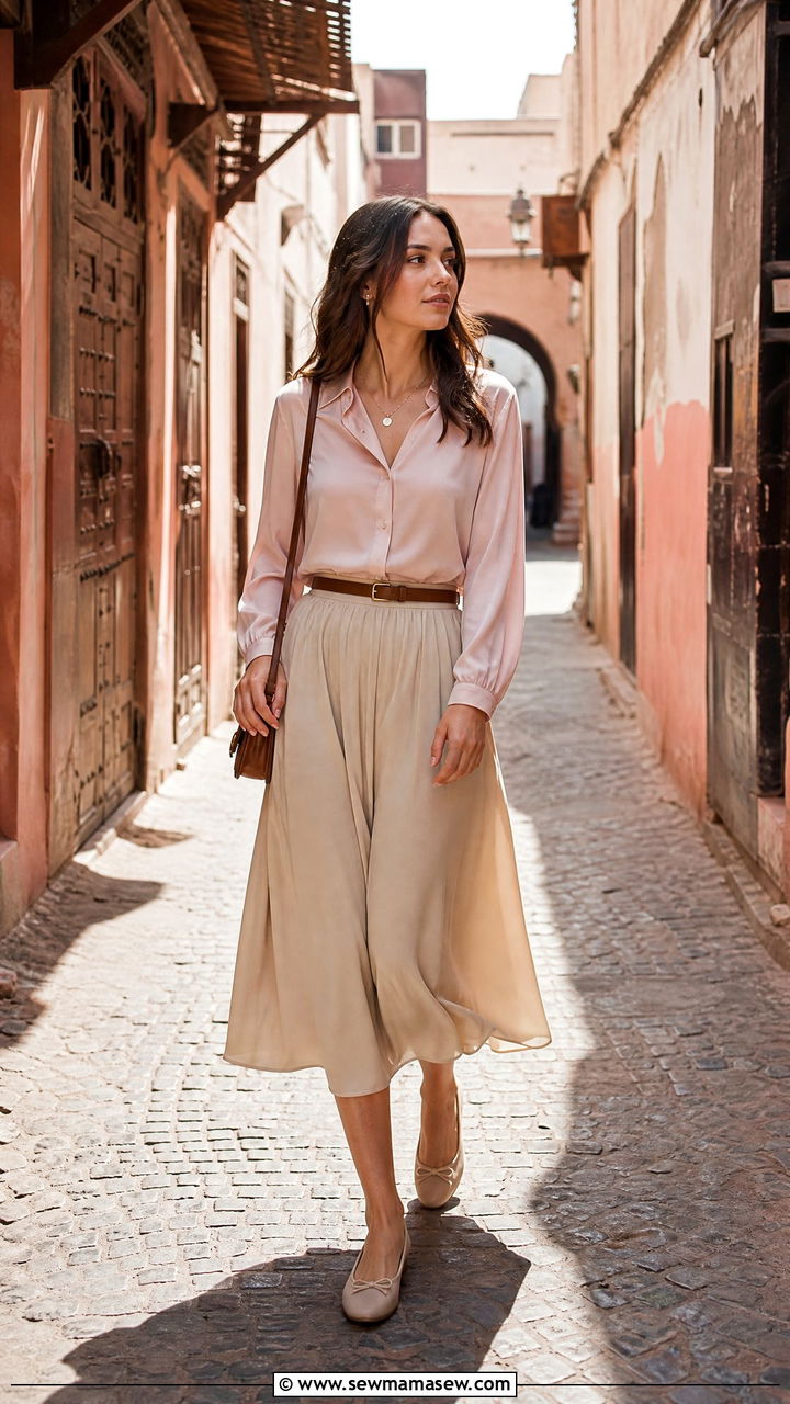 Soft blouse with a flowy midi skirt - 25 Fes outfit ideas