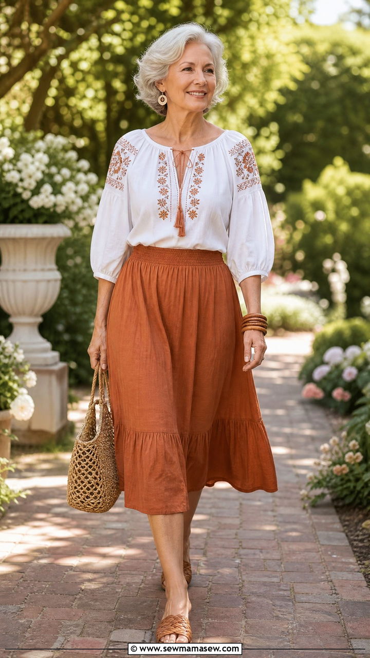 Soft blouse with midi skirt outfit - 30 Stylish outfits for grandmas