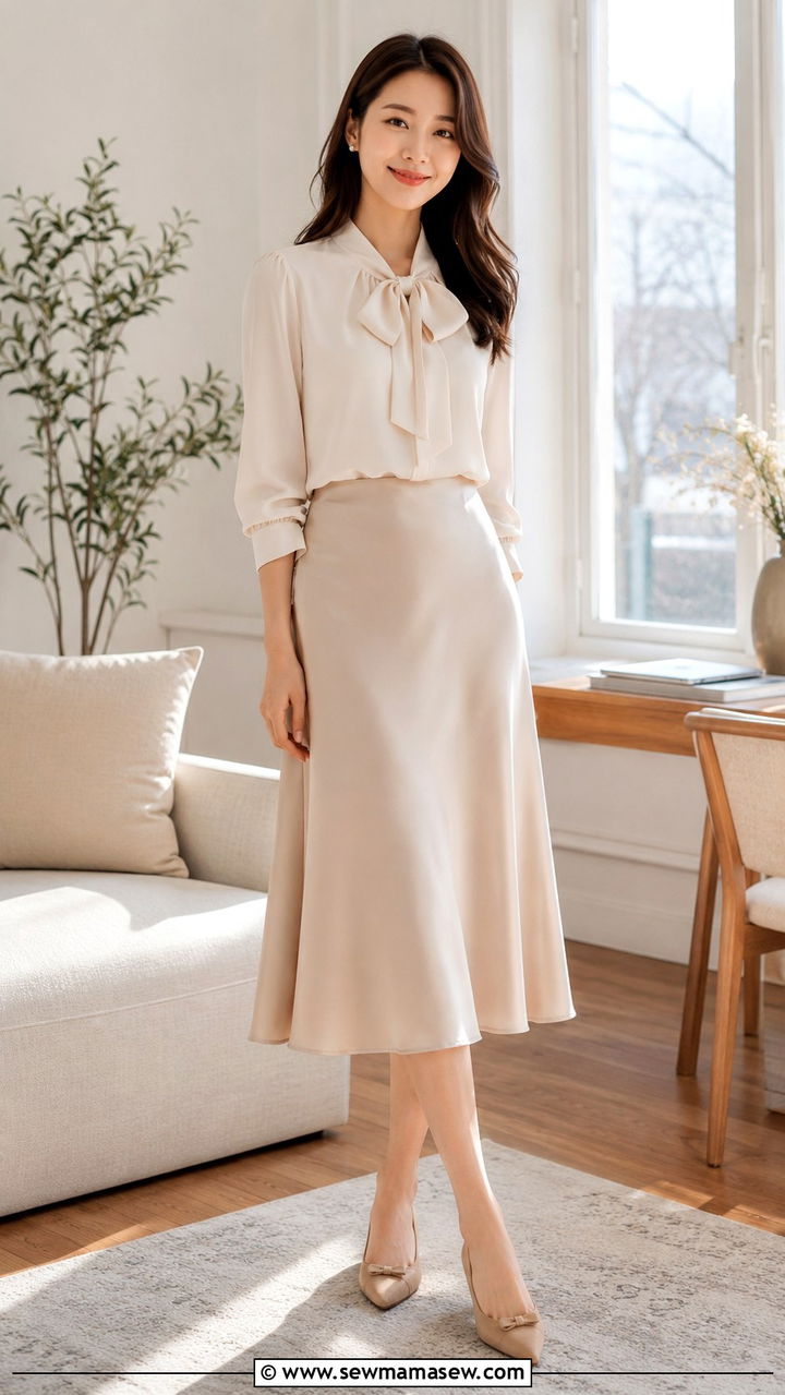 Soft blouse with satin midi skirt and pointed toe flats - 30 Spring outfit ideas for work from home