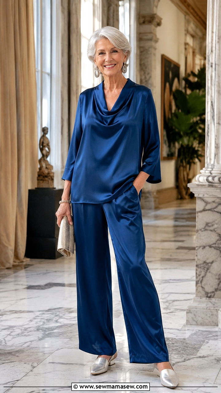Soft blouse with silky wide leg pants - 30 Outfit ideas for women over 70 casual 2026