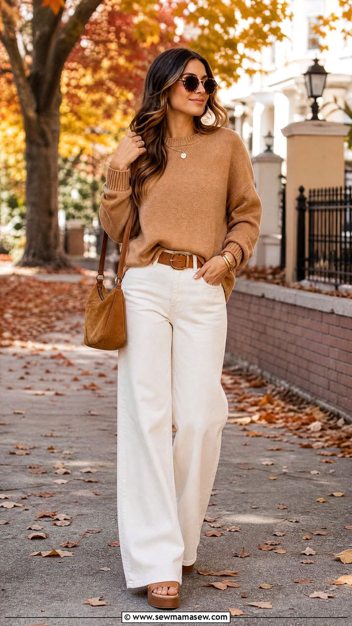 Soft caramel knit with ivory wide leg jeans - 30 Muted color outfit ideas