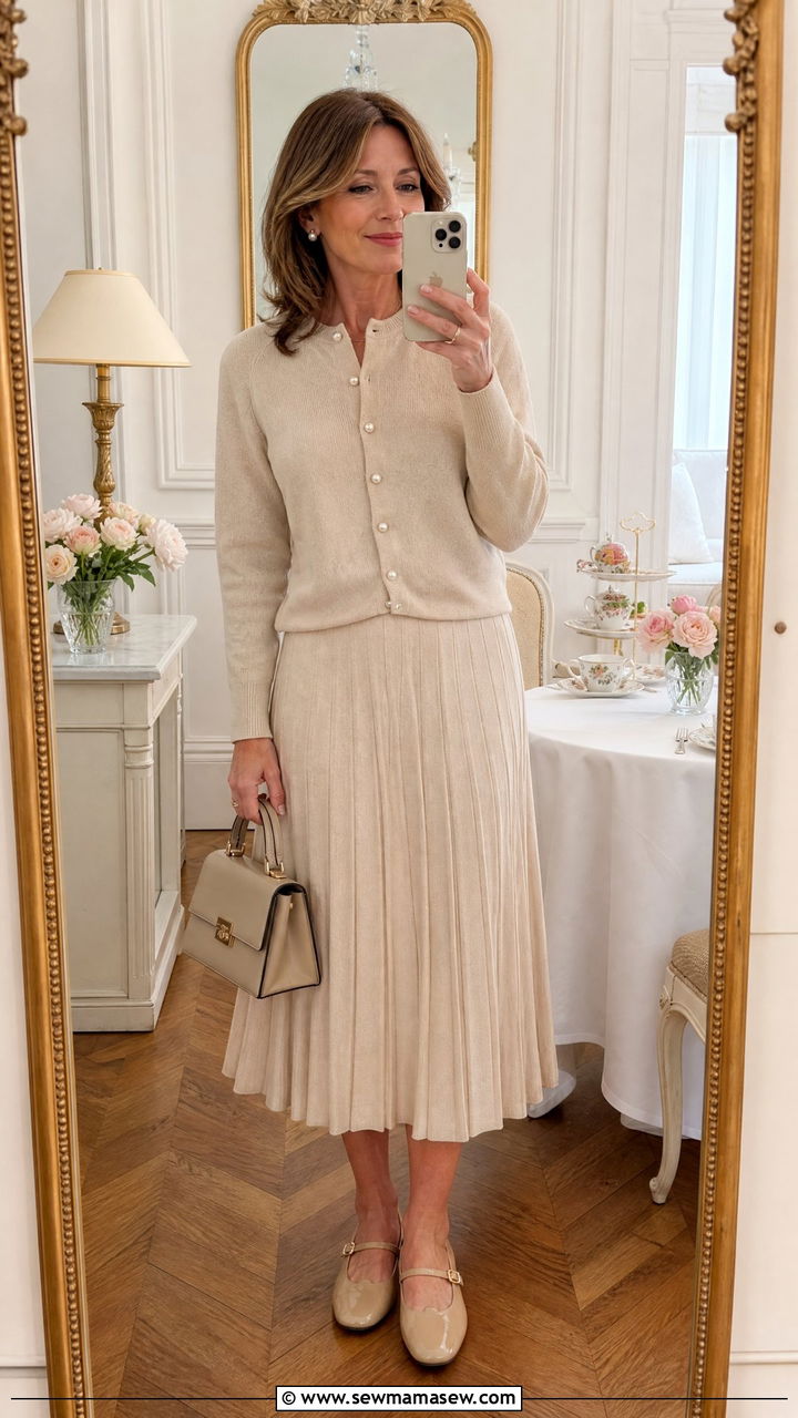 Soft cardigan set with midi pleated skirt and Mary Janes - 35 French girl outfit ideas for women over 50