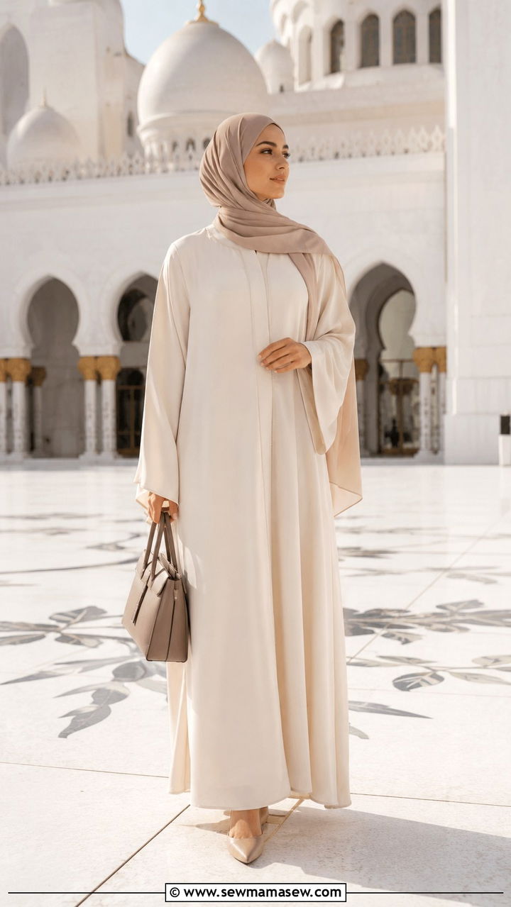 Soft cream kimono sleeve abaya with nude accessories - 20 Modest outfit ideas for mosque visit