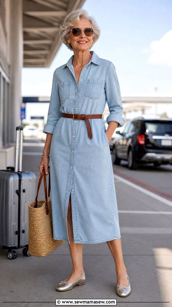 Soft denim shirt dress with belt and ballet flats - 20 Airport outfit ideas for women over 60
