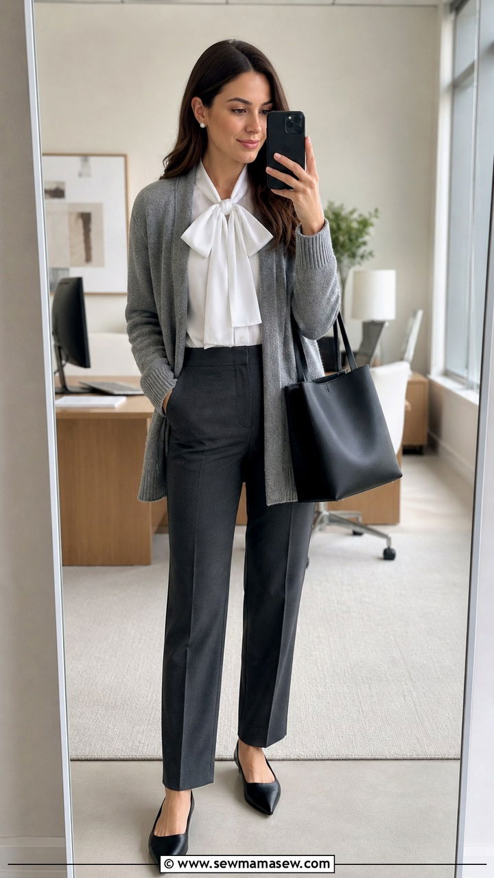 Soft gray knit cardigan layered over a white blouse - 40 Chic work outfit ideas