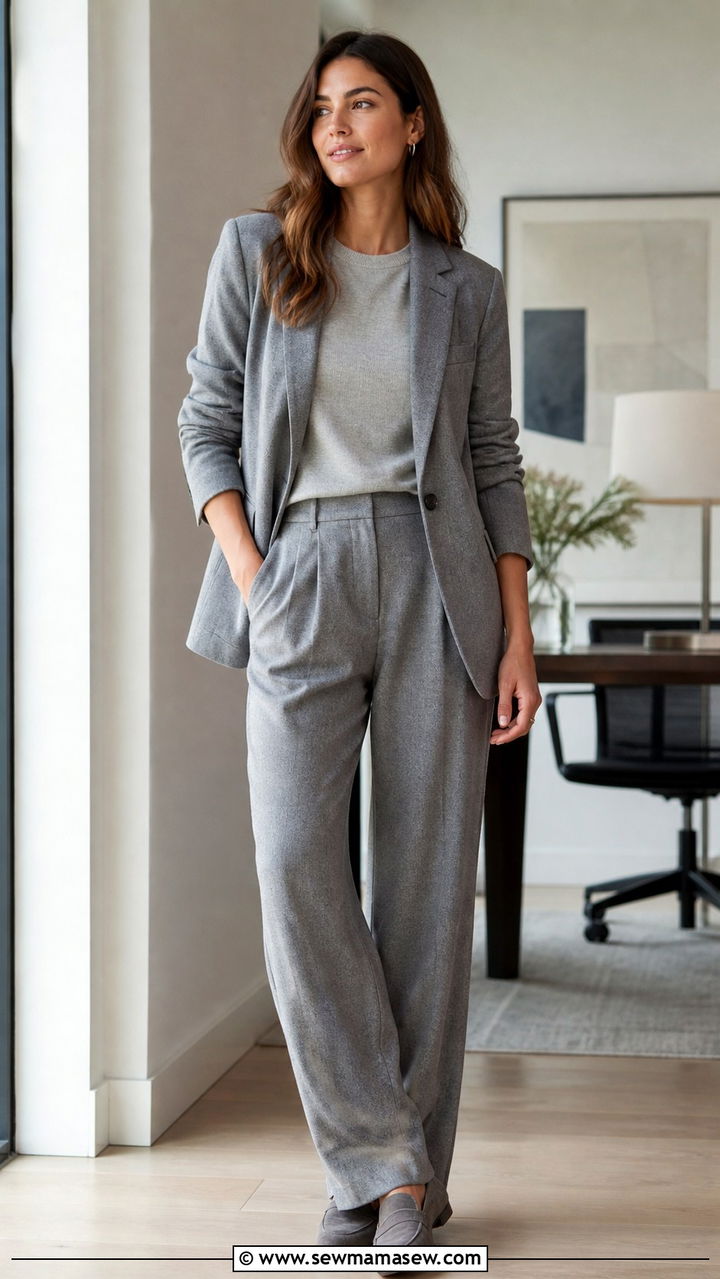 Soft gray monochrome office outfit 2026 - 40 office outfits 2026
