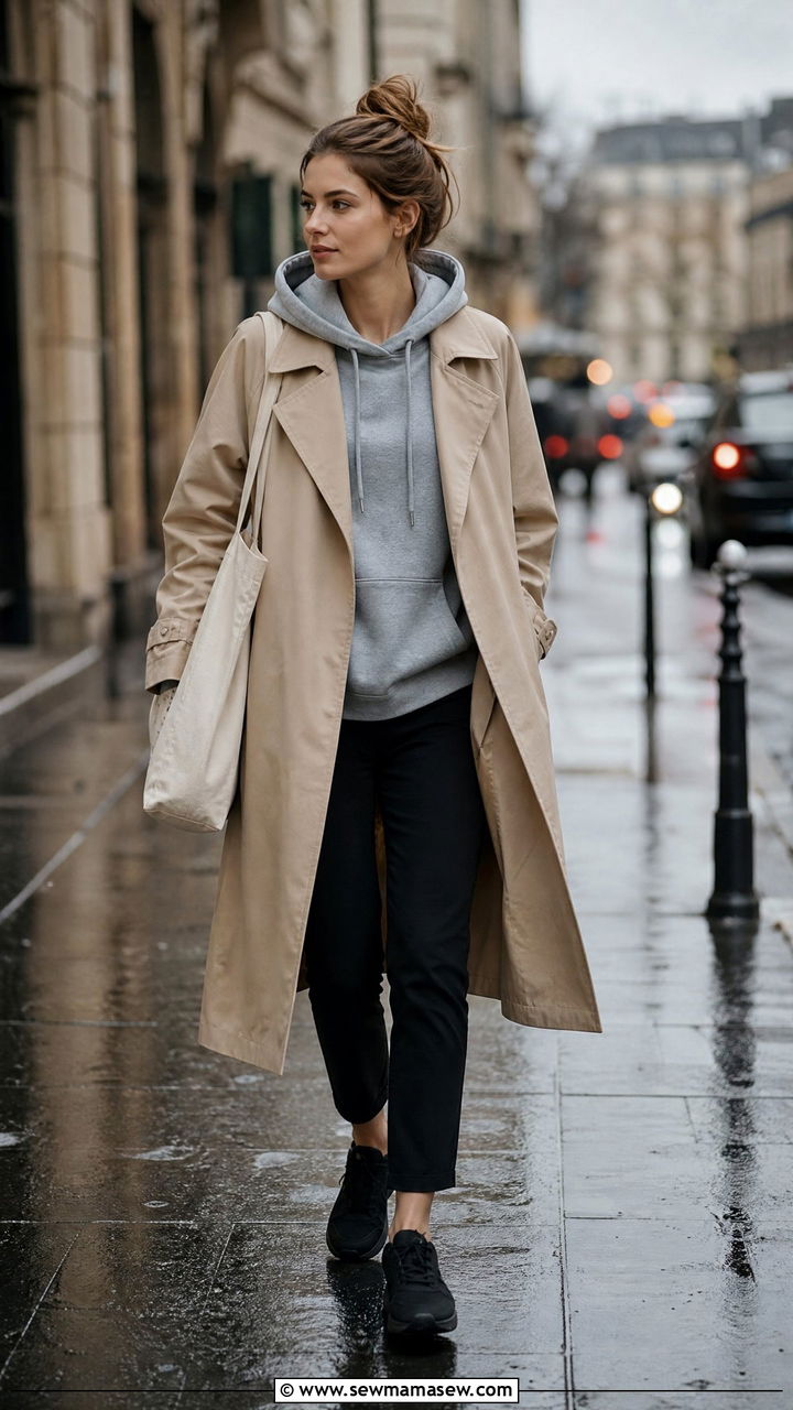 Soft hoodie layered under a long trench coat - 20 Spring outfits for 60-70 degree weather