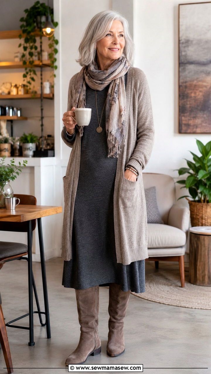 Soft jersey dress and long cardigan outfit for women over 65 - 30 Outfit ideas for women over 65