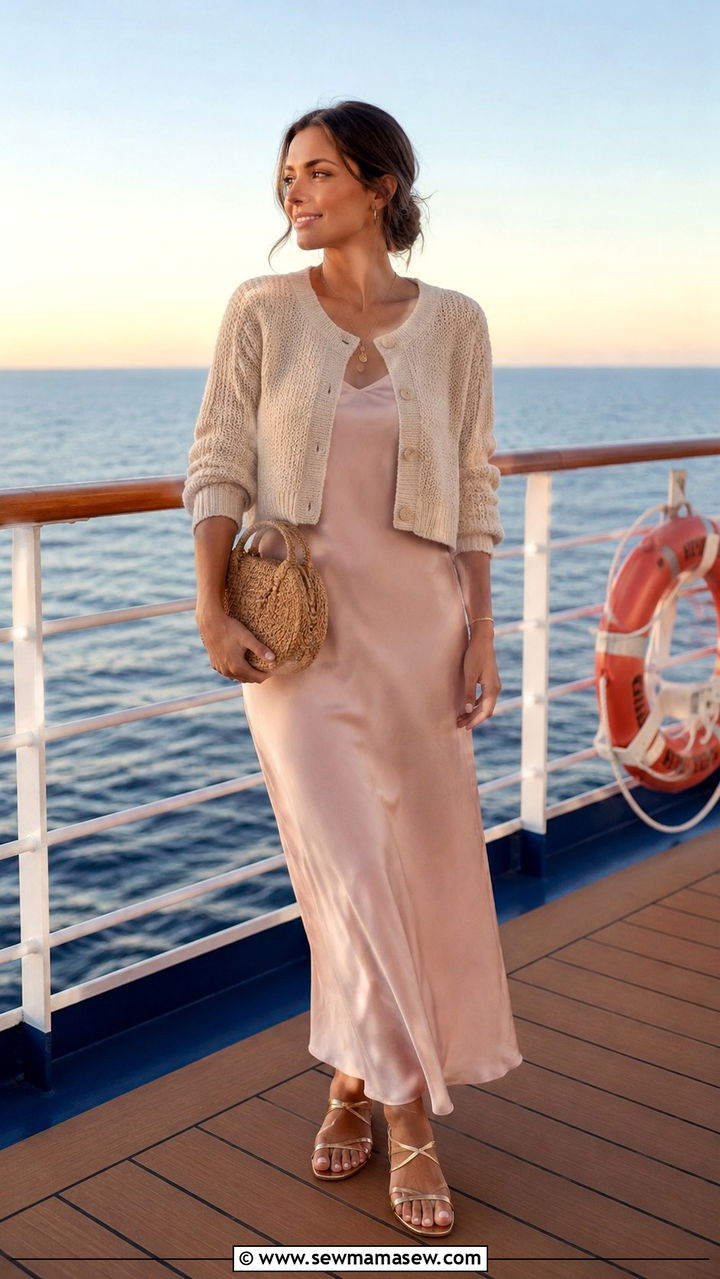 Soft knit cardigan over a silk slip dress outfit - 30 Small ship cruise outfit ideas