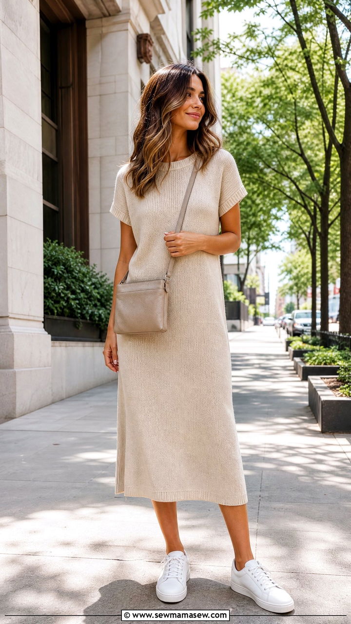 Soft knit midi dress with white sneakers - 30 Loungewear outfit ideas summer