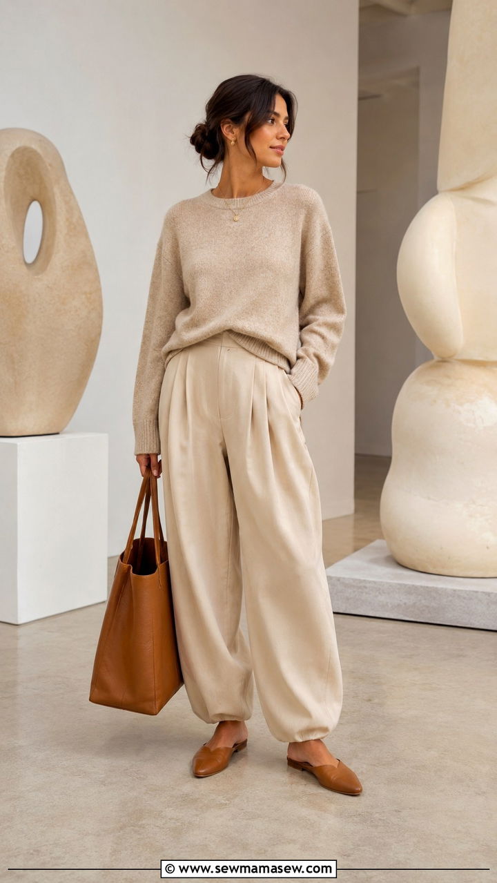Soft knit sweater and balloon trousers with flat mules - 20 Low key spring outfit ideas 2026