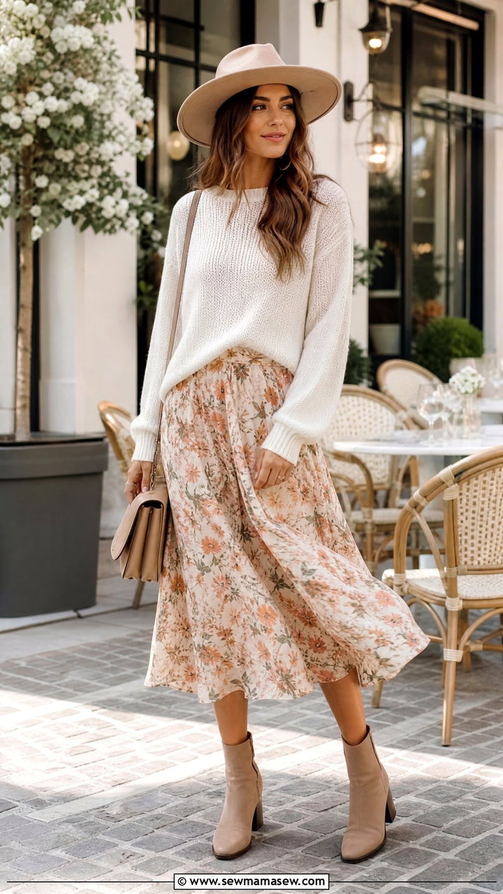 Soft knit sweater and printed midi skirt outfit - 25 Outfit ideas for women over 40 casual 2026