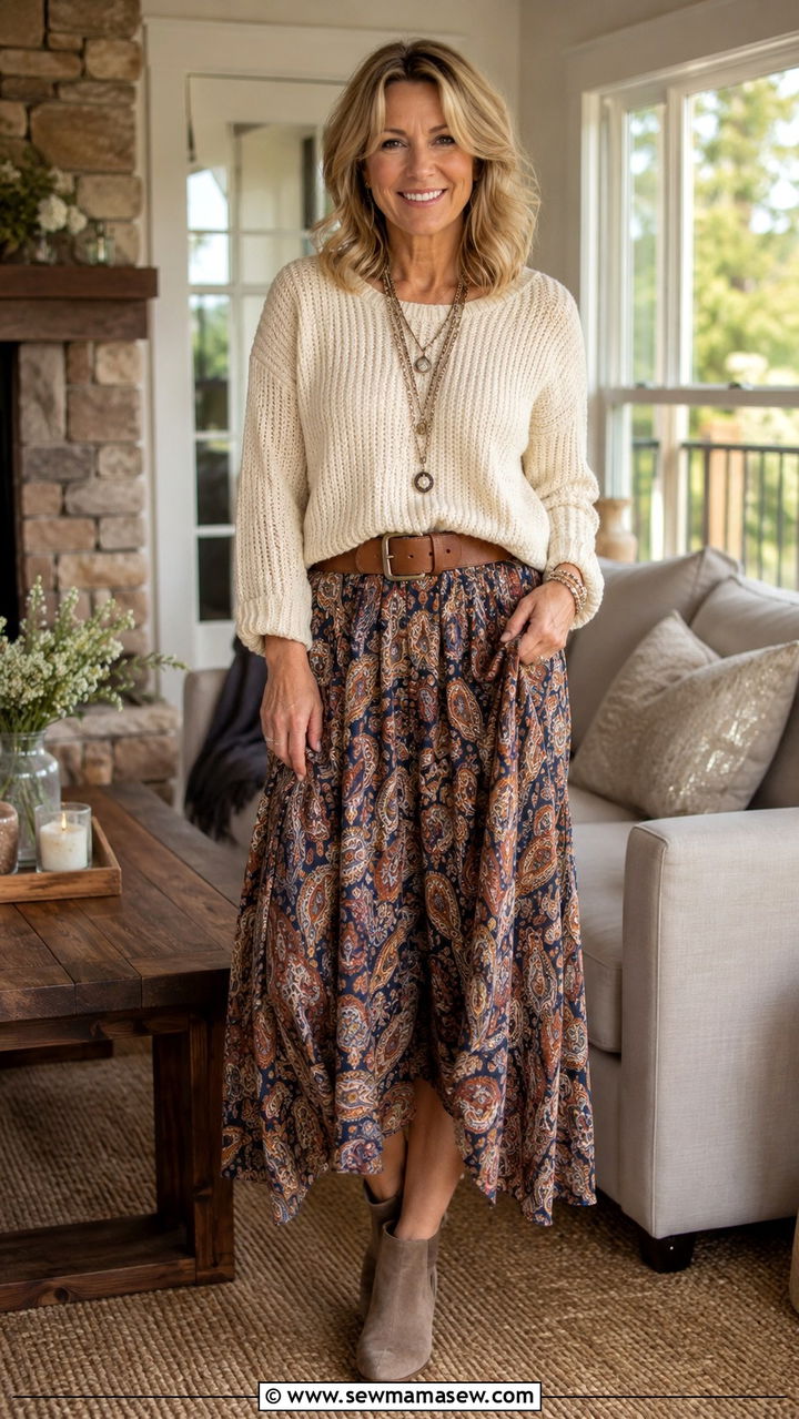 Soft knit sweater with printed maxi skirt - 30 Boho outfits for women over 50