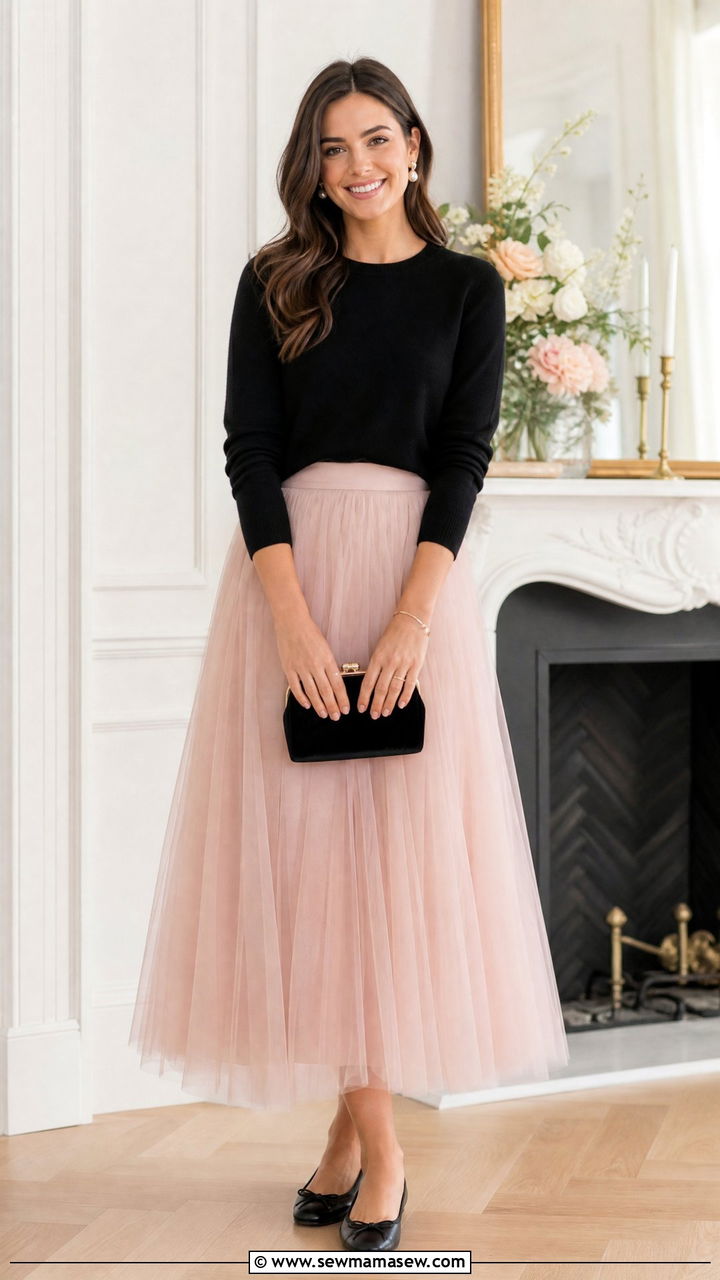 Soft knit sweater with tulle midi skirt outfit - 30 Cozy spring outfit ideas 2026