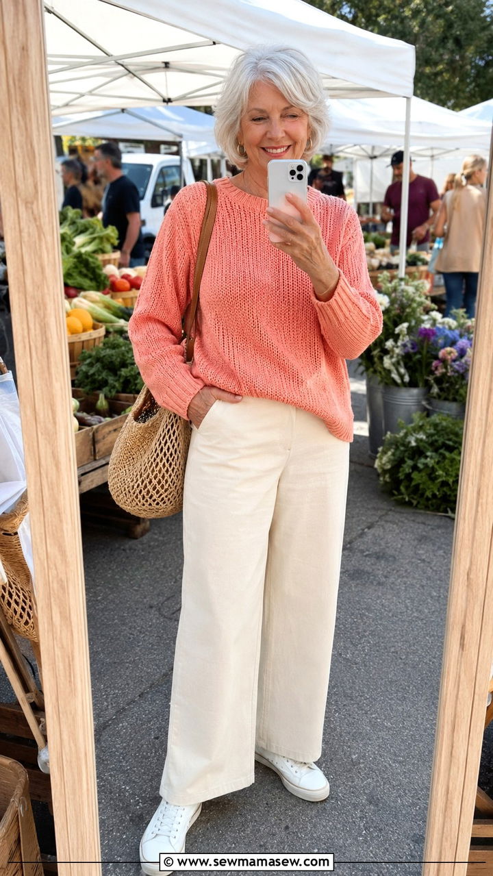 Soft knit sweater with wide leg trousers - 30 Outfit ideas for women over 70 casual 2026