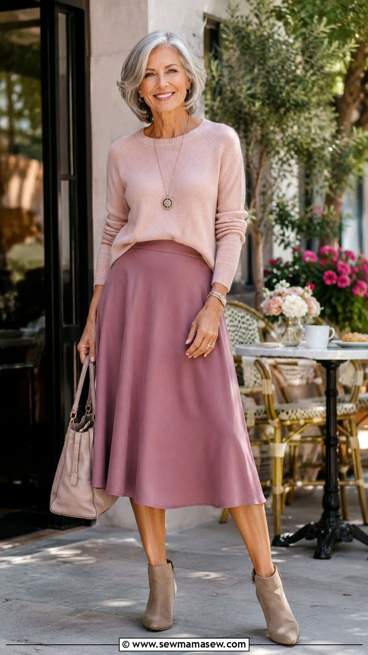 Soft knit top with A line skirt - 30 Outfit ideas for women over 55