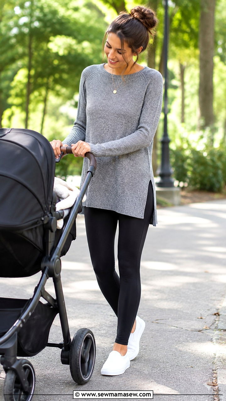 Soft knit tunic top with full length leggings and slip on sneakers - 30 Postpartum outfit ideas summer