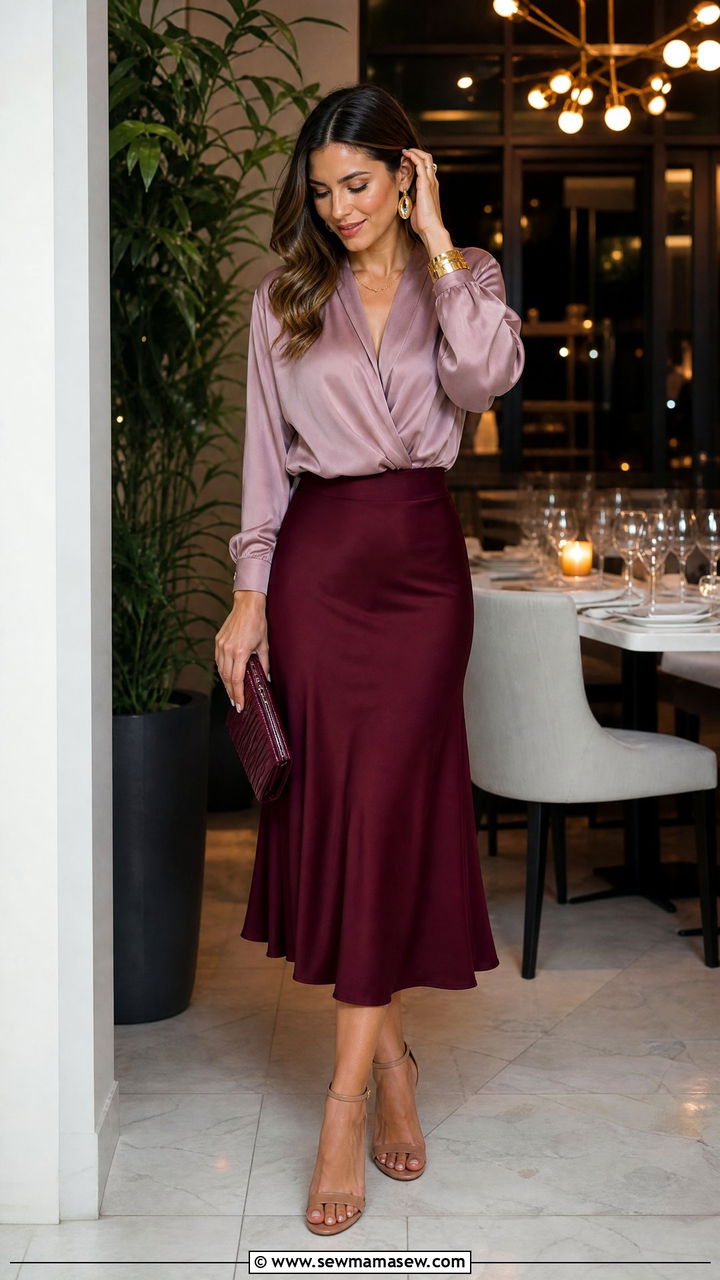 Soft mauve top with burgundy midi skirt - 30 Muted color outfit ideas