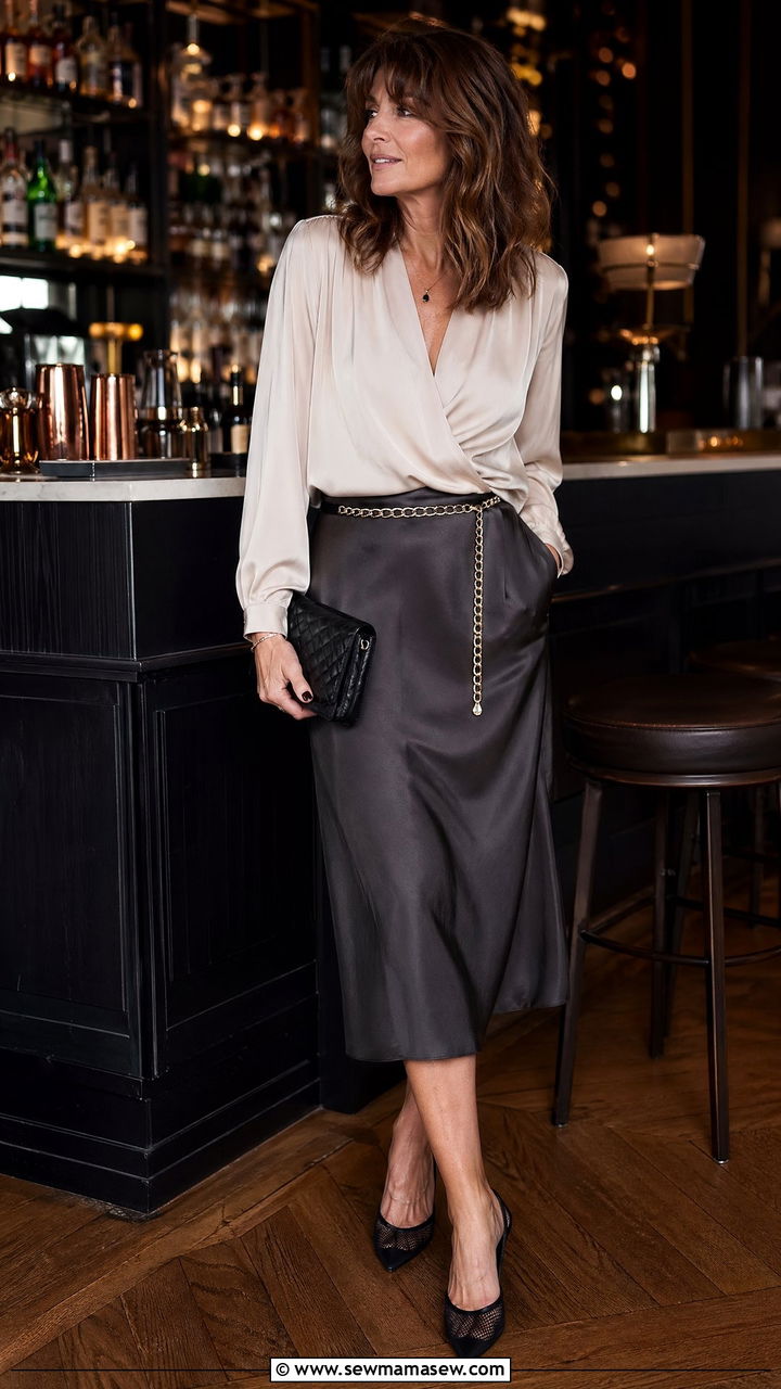 Soft neutral blouse with dark midi skirt - 35 French girl outfit ideas for women over 40