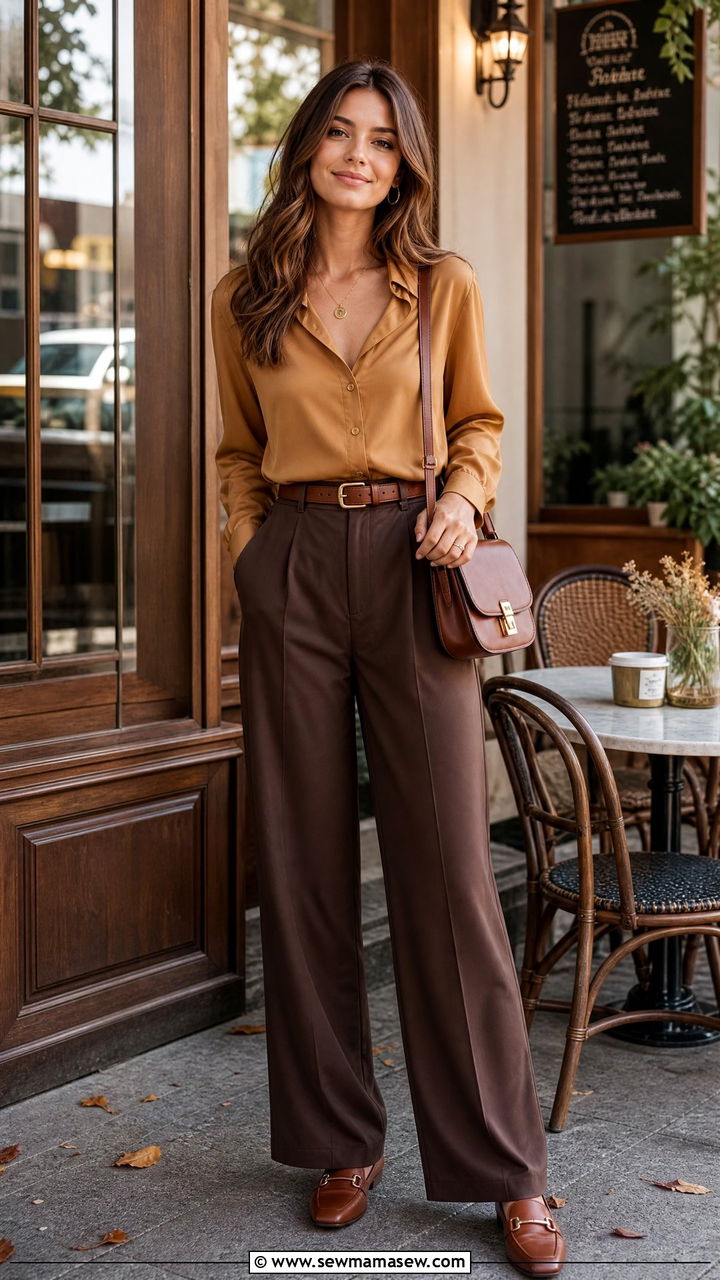 Soft ochre blouse with chocolate brown trousers - 30 Muted color outfit ideas