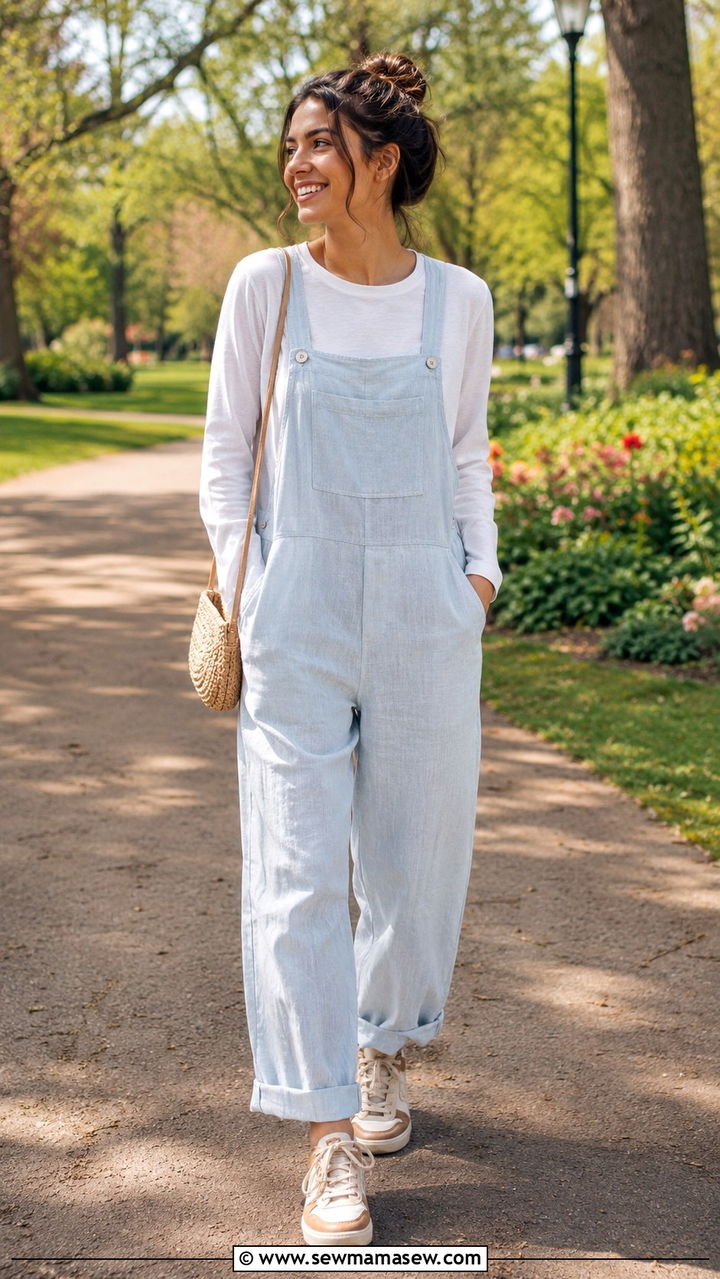 Soft overalls with a long sleeve tee - 20 Outfit ideas for belly after C section