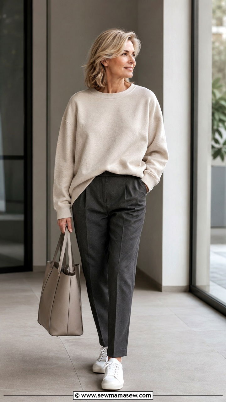 Soft oversized sweatshirt with tailored trousers outfit - 30 Outfit ideas for women over 40 errands